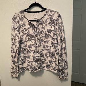 Foxcroft Navy Blue White Floral Print Knit Cardigan Sweater size M